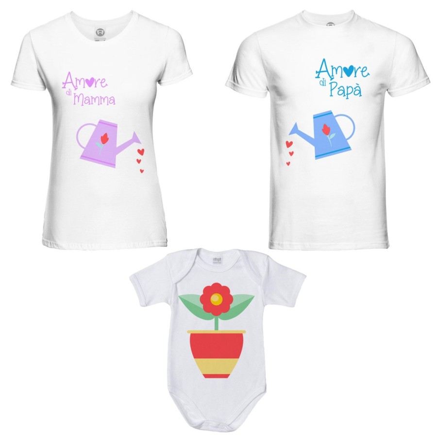 Tris t-shirt adulti e body neonato amore di papà annaffiatoio mamma annaffiatoio e fiorellino Per la famiglia