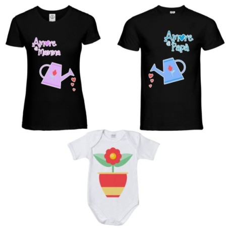 Tris t-shirt adulti e body neonato amore di papà annaffiatoio mamma annaffiatoio e fiorellino Per la famiglia