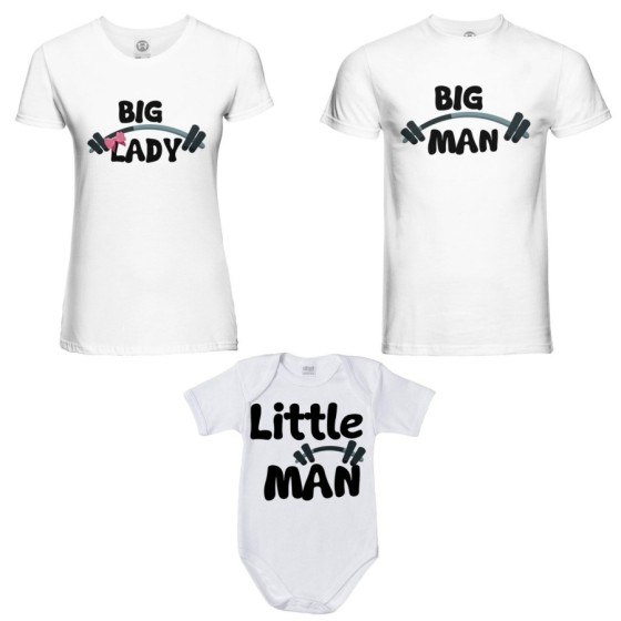 Tris t-shirt adulti e body neonato big man big lady little man little lady fitness Per la famiglia
