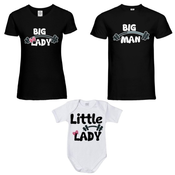 Tris t-shirt adulti e body neonato big man big lady little man little lady fitness Per la famiglia 2