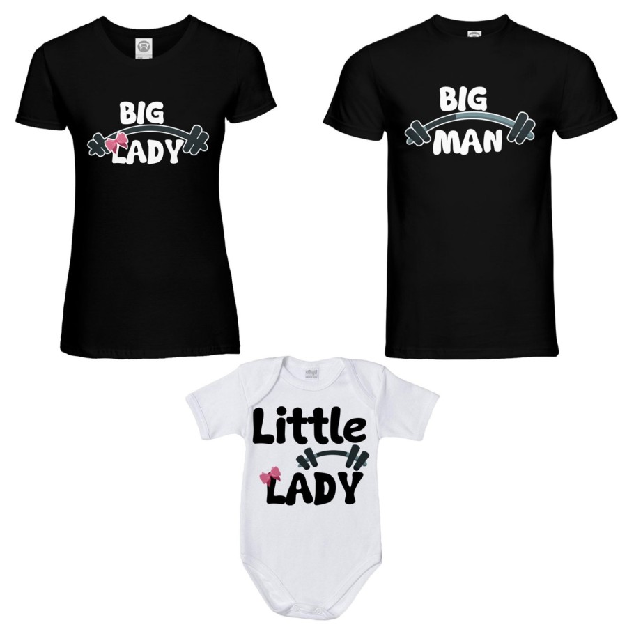 Tris t-shirt adulti e body neonato big man big lady little man little lady fitness Per la famiglia