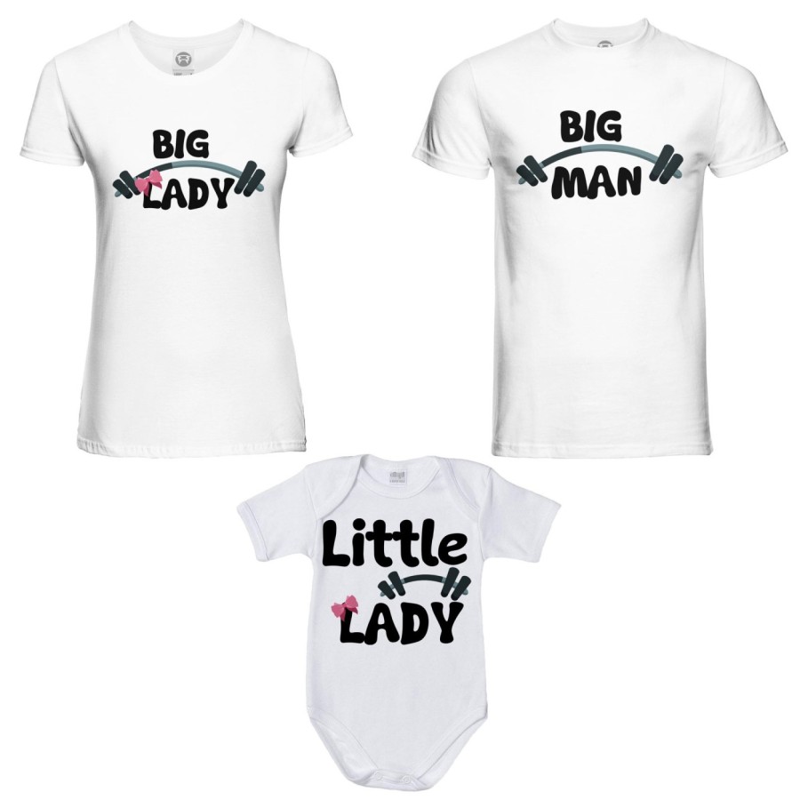 Tris t-shirt adulti e body neonato big man big lady little man little lady fitness Per la famiglia