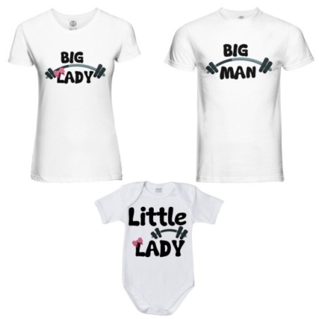 Tris t-shirt adulti e body neonato big man big lady little man little lady fitness Per la famiglia
