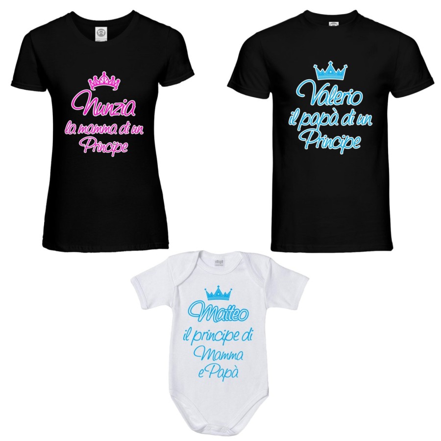 Tris t-shirt adulti body personalizzato con nomi papà  mamma di un principe di una principessa Per la famiglia