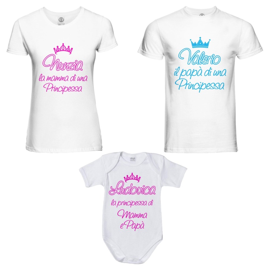 Tris t-shirt adulti body personalizzato con nomi papà  mamma di un principe di una principessa Per la famiglia