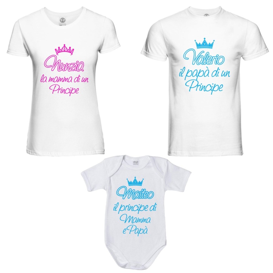 Tris t-shirt adulti body personalizzato con nomi papà  mamma di un principe di una principessa Per la famiglia