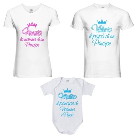 Tris t-shirt adulti body personalizzato con nomi papà  mamma di un principe di una principessa Per la famiglia
