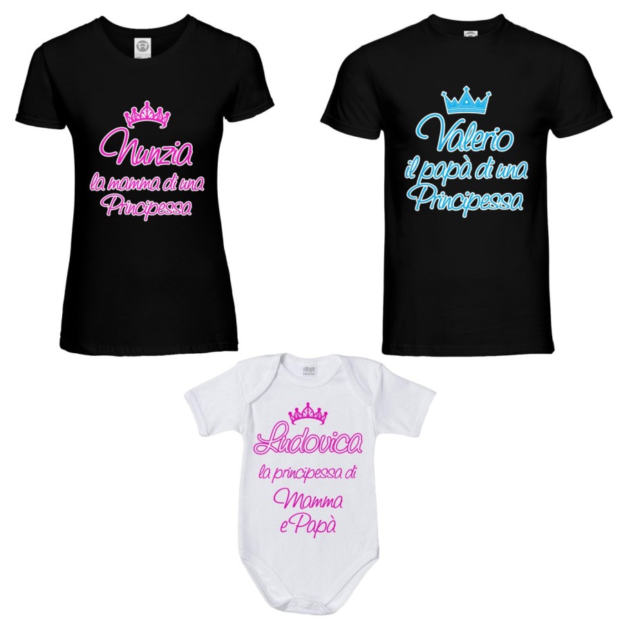 Tris t-shirt adulti body personalizzato con nomi papà  mamma di un principe di una principessa Per la famiglia
