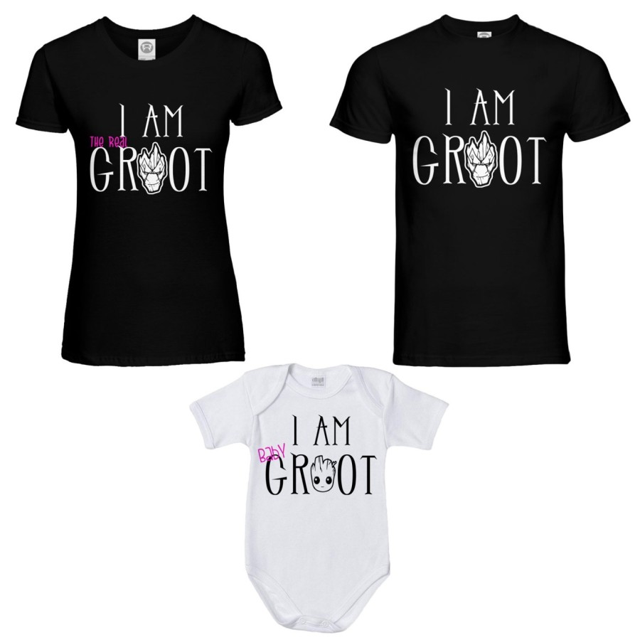Tris t-shirt adulti e body neonato i am groot i am the real groot i am baby groot Per la famiglia