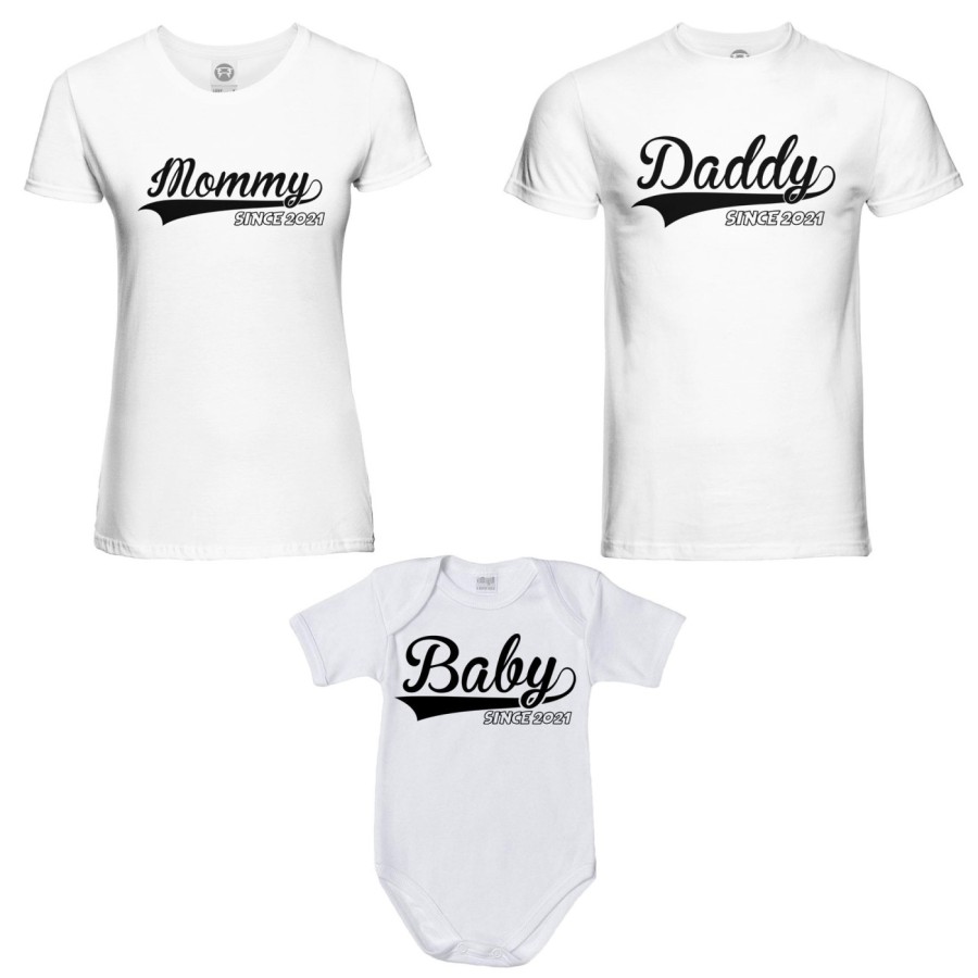 Tris t-shirt adulti e body neonato personalizzato con anno daddy since mommy since baby since Per la famiglia