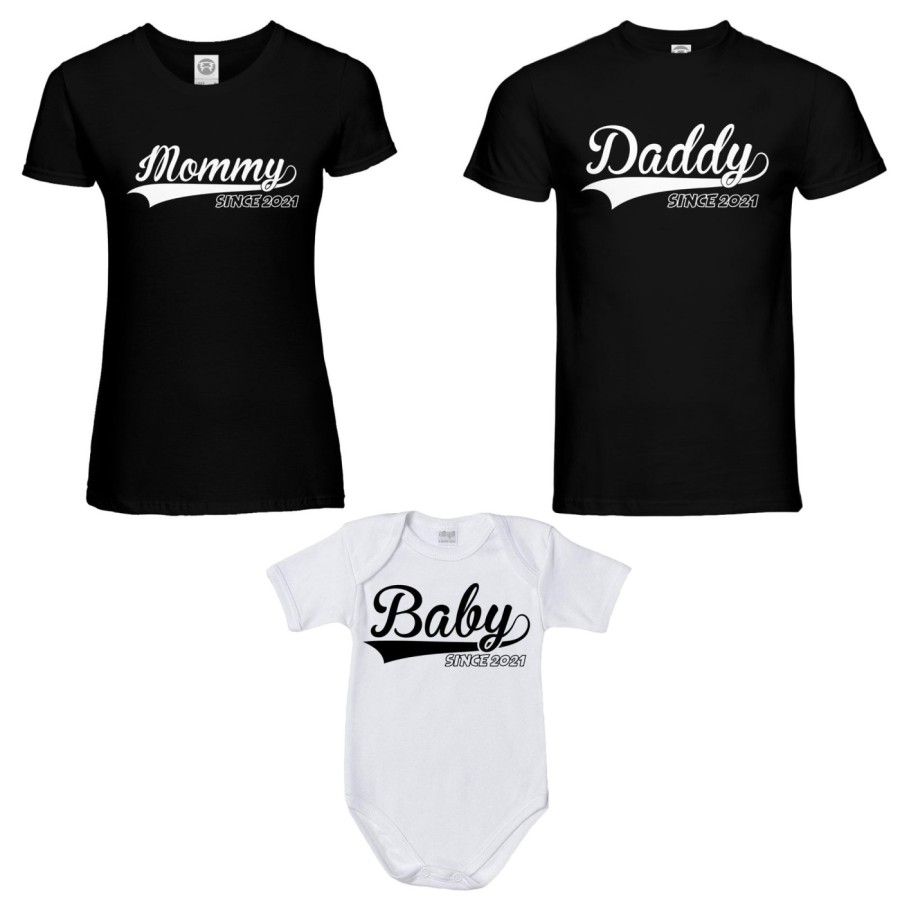 Tris t-shirt adulti e body neonato personalizzato con anno daddy since mommy since baby since Per la famiglia