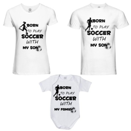 Tris t-shirt adulti e body neonato born to play soccer...