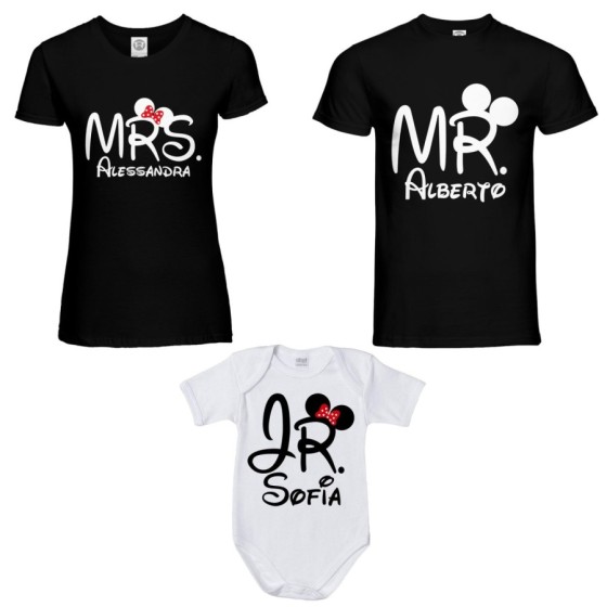 Tris t-shirt adulti e body neonato personalizzabile con nomi mr mrs e jr Per la famiglia