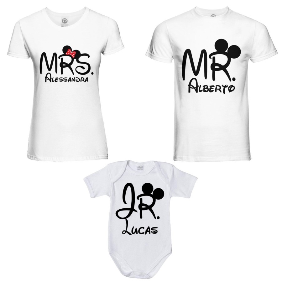 Tris t-shirt adulti e body neonato personalizzabile con nomi mr mrs e jr Per la famiglia