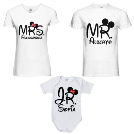 Tris t-shirt adulti e body neonato personalizzabile con nomi mr mrs e jr Per la famiglia
