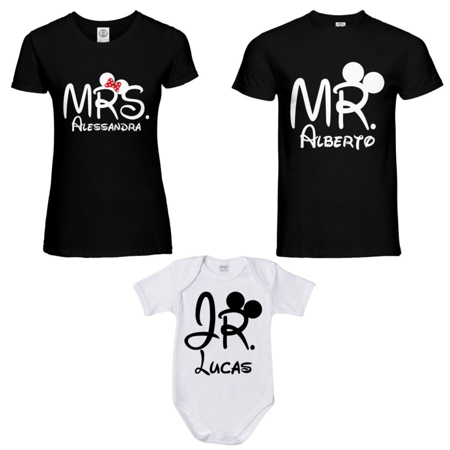 Tris t-shirt adulti e body neonato personalizzabile con nomi mr mrs e jr Per la famiglia