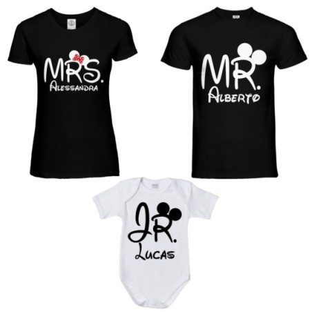 Tris t-shirt adulti e body neonato personalizzabile con nomi mr mrs e jr Per la famiglia
