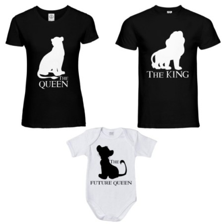 Tris t-shirt adulti e body neonato the king the queen the future king lion Per la famiglia