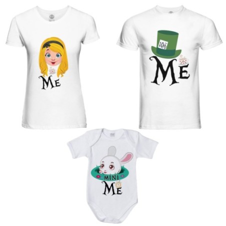 Tris t-shirt adulti e body neonato me cappellaio matto me alice mini bianconiglio Per la famiglia
