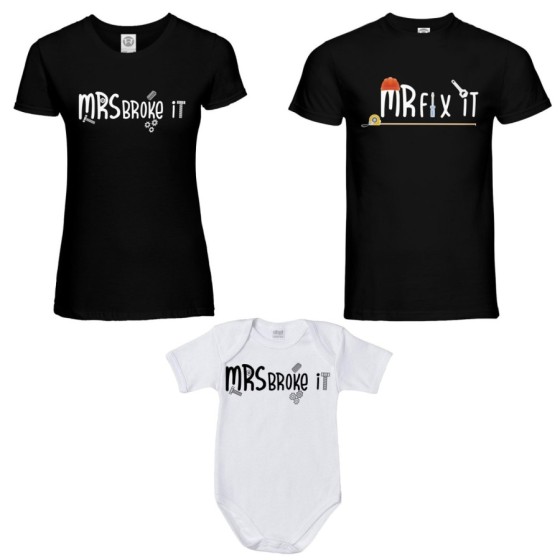 Tris t-shirt adulti e body neonato mr fix it mr broke it mrs broke it Per la famiglia 2