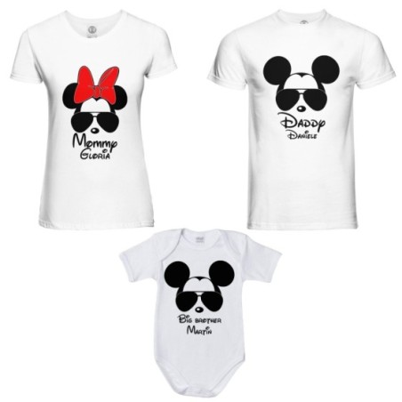 Tris t-shirt adulti body personalizzato con nome daddy mickey mommy minnie little brother mickey Per la famiglia