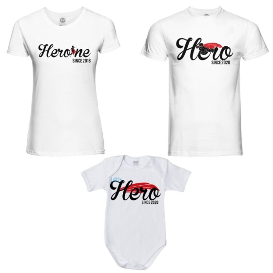 Tris t-shirt adulti body personalizzato con anno hero since heroine since little hero since Per la famiglia 2