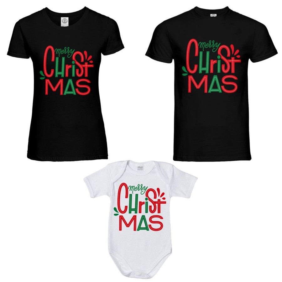 Tris t-shirt e body neonato per la famiglia personalizzabile con nomi merry christmas colorful Natale