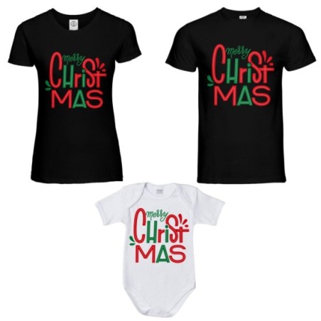 Tris t-shirt e body neonato per la famiglia personalizzabile con nomi merry christmas colorful Natale
