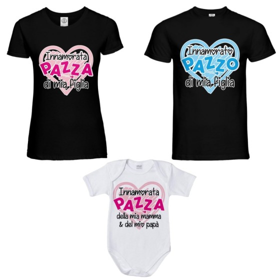 Tris t-shirt adulti e body neonato innamorato pazzo innamorata pazza di mio figlio mia figlia  Per la famiglia
