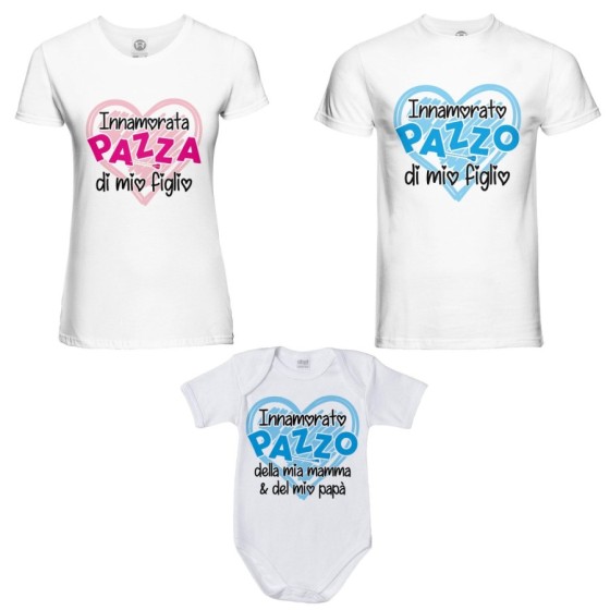 Tris t-shirt adulti e body neonato innamorato pazzo innamorata pazza di mio figlio mia figlia  Per la famiglia 2