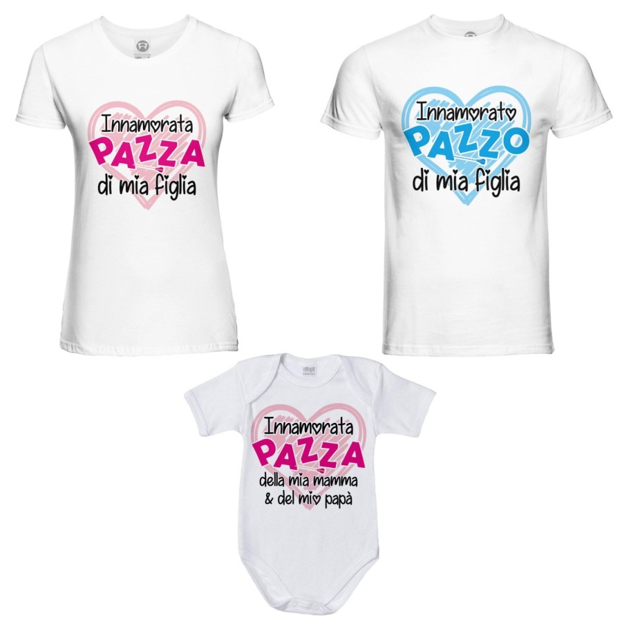 Tris t-shirt adulti e body neonato innamorato pazzo innamorata pazza di mio figlio mia figlia  Per la famiglia