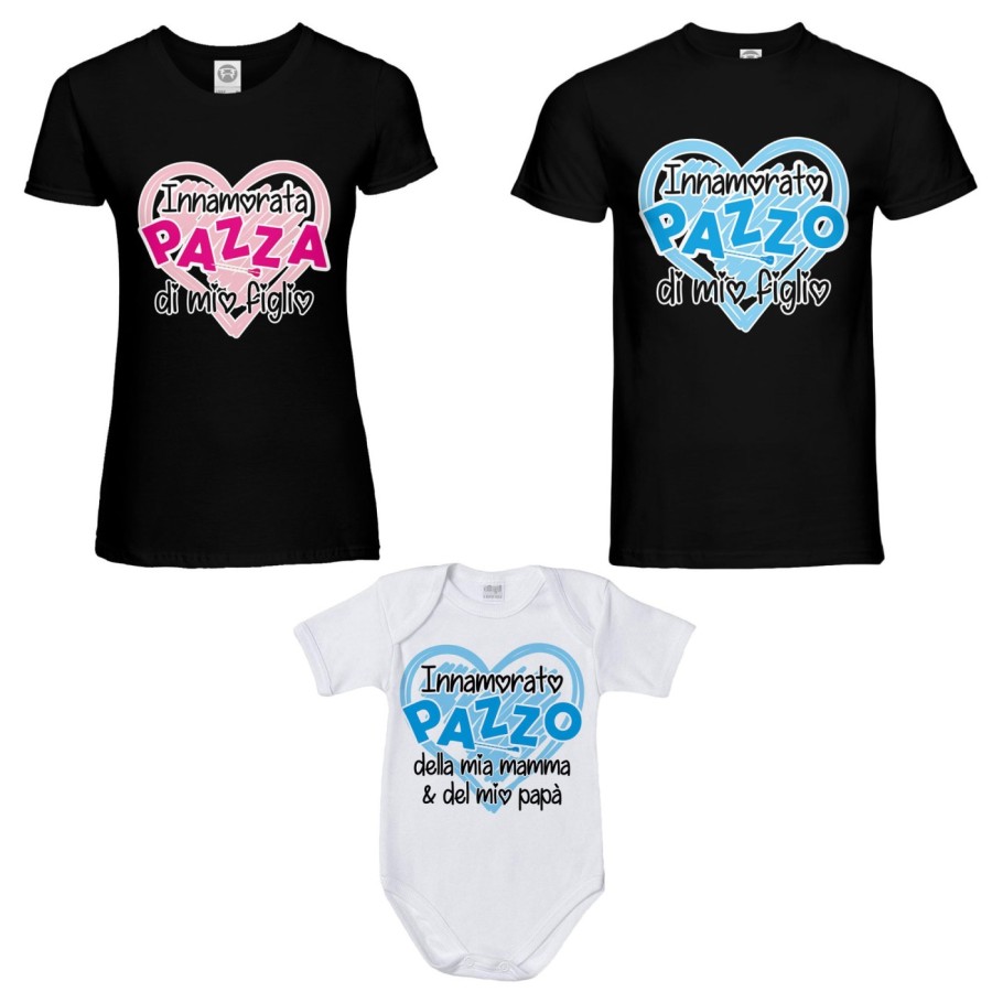 Tris t-shirt adulti e body neonato innamorato pazzo innamorata pazza di mio figlio mia figlia  Per la famiglia