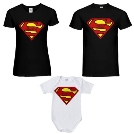 Tris t-shirt adulti e body neonato super papà super mamma super figlia super figlio Per la famiglia