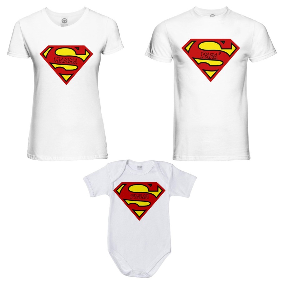 Tris t-shirt adulti e body neonato super papà super mamma super figlia super figlio Per la famiglia