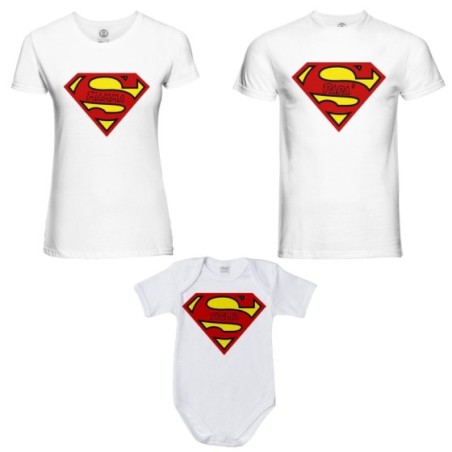 Tris t-shirt adulti e body neonato super papà super mamma super figlia super figlio Per la famiglia