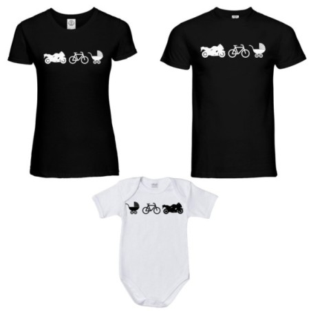 Tris t-shirt adulti e body neonato dalla moto al carrozzino