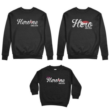 Tris felpe adulti bambino personalizzato con anno hero since heroine since little heroine since Per la famiglia