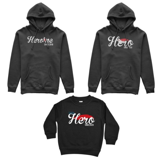 Tris felpe adulti bambino personalizzato con anno hero since heroine since little hero since Per la famiglia