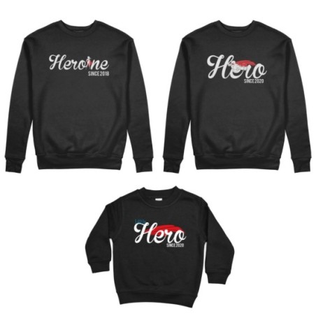 Tris felpe adulti bambino personalizzato con anno hero since heroine since little hero since Per la famiglia
