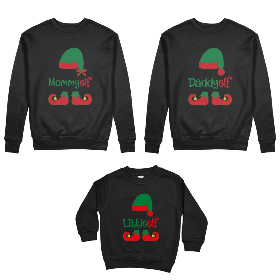 Tris felpe per la famiglia personalizzabile con nome daddy elf mommy elf little elf Natale