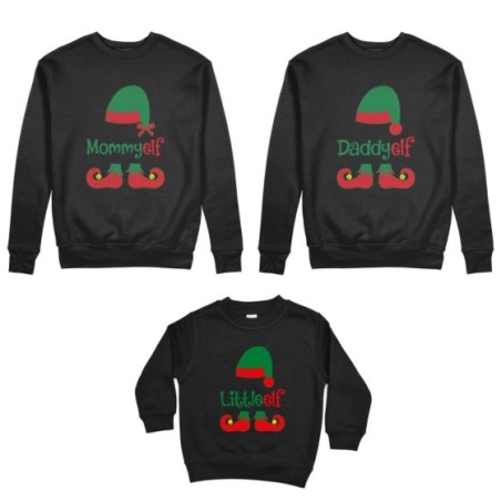 Tris felpe per la famiglia personalizzabile con nome daddy elf mommy elf little elf Natale