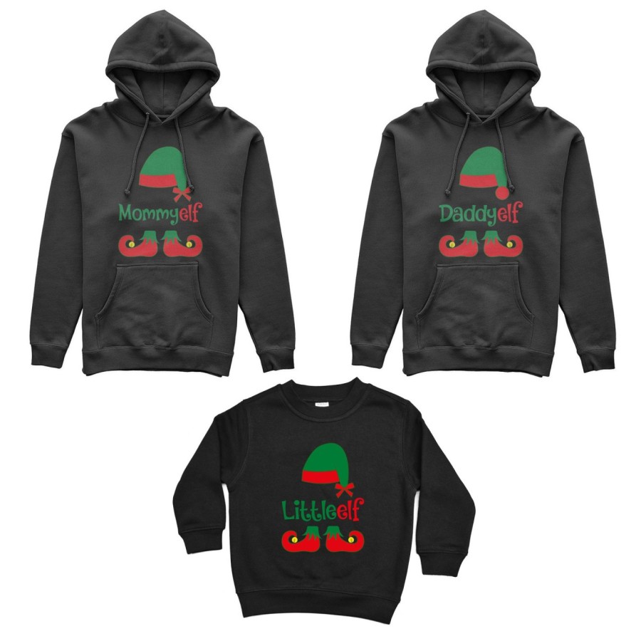 Tris felpe per la famiglia personalizzabile con nome daddy elf mommy elf little elf Natale