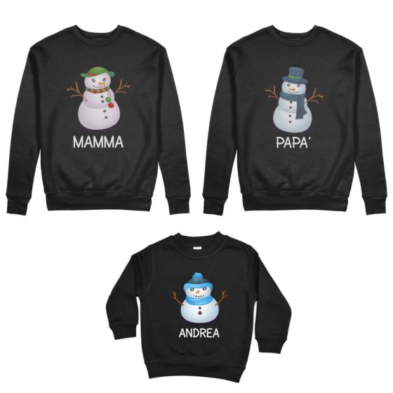 Tris felpe per la famiglia personalizzabile con nomi pupazzi di neve Natale 2