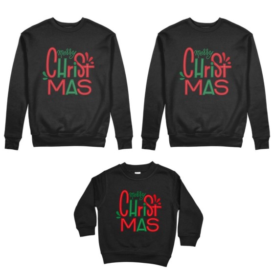 Tris felpe per la famiglia personalizzabile con nomi merry christmas colorful Natale
