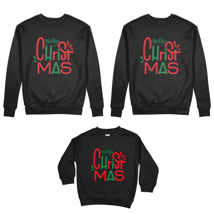 Tris felpe per la famiglia personalizzabile con nomi merry christmas colorful Natale