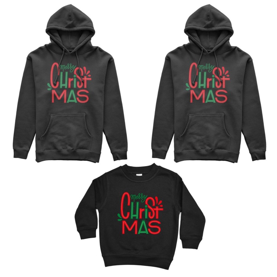 Tris felpe per la famiglia personalizzabile con nomi merry christmas colorful Natale