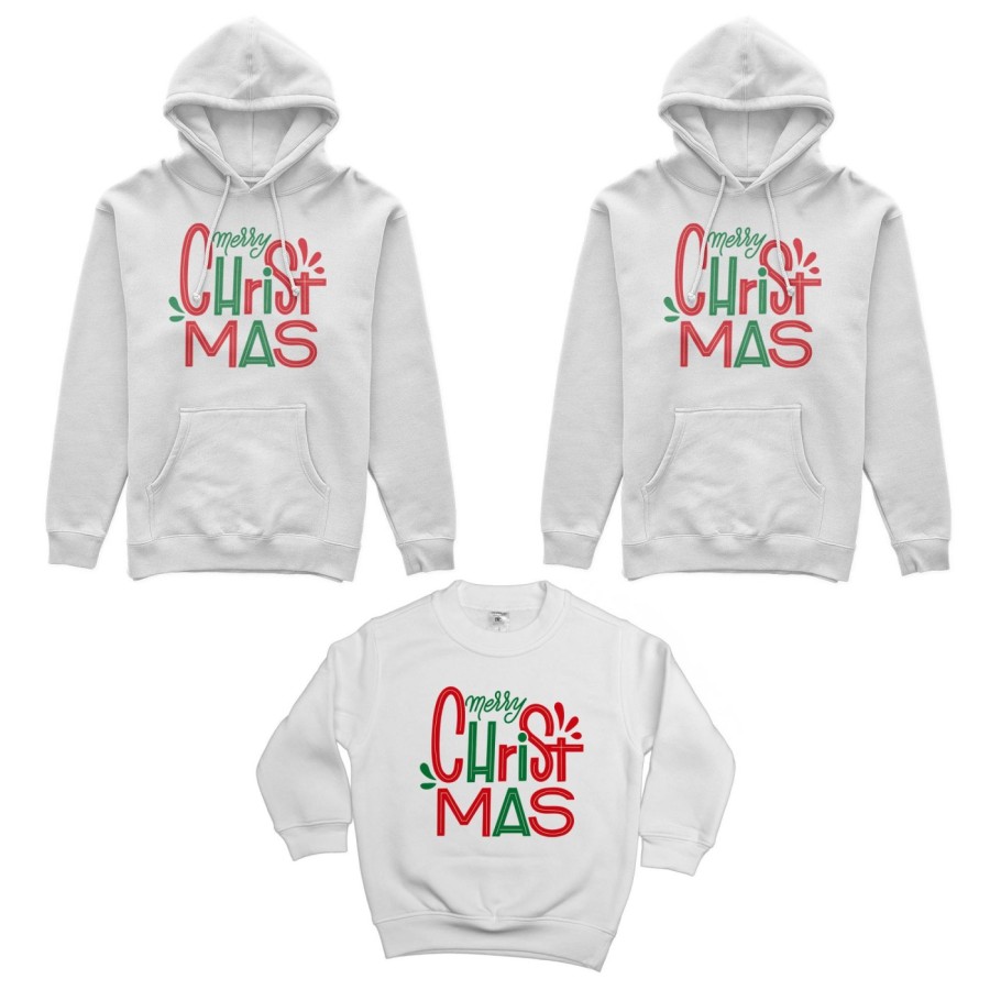 Tris felpe per la famiglia personalizzabile con nomi merry christmas colorful Natale