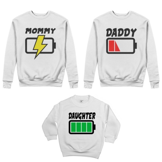 Tris felpe adulti bambino daddy low battery mommy chaging son daughter super charged Per la famiglia