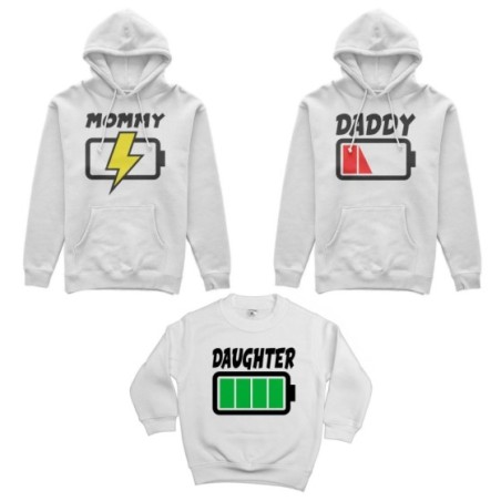Tris felpe adulti bambino daddy low battery mommy chaging son daughter super charged Per la famiglia