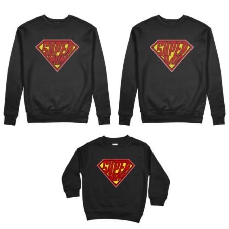 Tris felpe adulti bambino super dad super mom super boy...